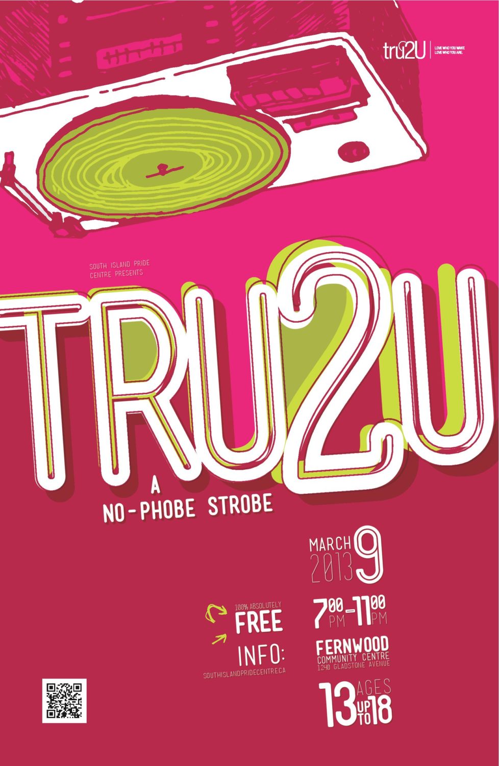 Poster for tru2u youth dance at fernwood community centre March 8th.