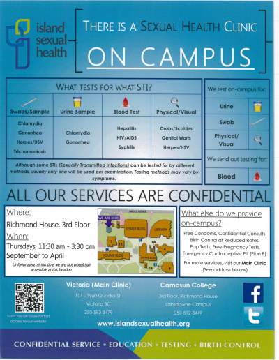 The sexual health clinic at Camosun College , 3rd floor Richmond House, Lansdowne Campus is open Thursdays 11:30-3:30 pm.