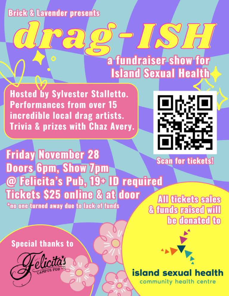 Poster with lavendar and teal graphic back ground advertising Drag - ISH November 28th Felicita's UVIC. QR Code to Eventbrite tickets
